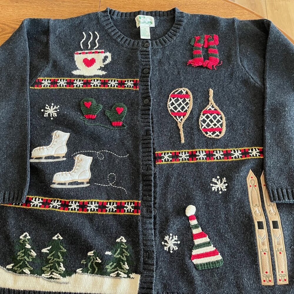 Quaker Factory Knit Cardigan Sweater -Skiing, Sledding, Winter Sports